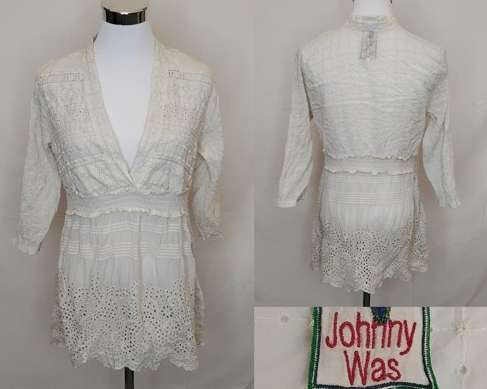 Johnny Was Blouse Women's XS White Boho 3/4 Sleeve Peasant Embroidered #Z5772